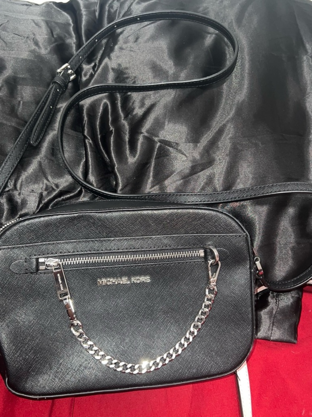 Michael Kors Black Leather Crossbody with Silver Zip